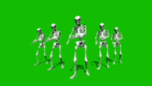 a group of skeletons are walking in a line on a green screen .
