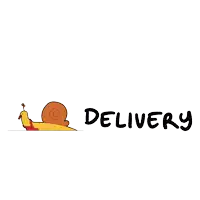 a cartoon snail is carrying a red bag and the word delivery below it