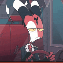 a cartoon character is driving a car and has a cross on his head