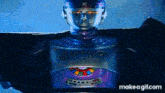 a purple robot with a x on his head is flying through the air