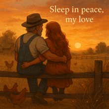 a painting of a man and woman sitting on a fence with the words sleep in peace my love