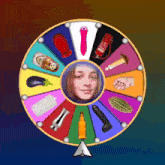 a colorful spinning wheel with a woman 's face in the middle