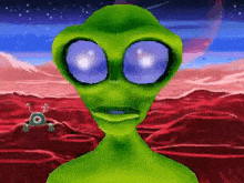 a green alien with purple eyes stands in front of a red planet