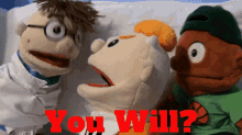 three stuffed animals are laying on a bed with the words " you will " on the bottom