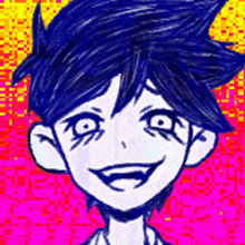 a drawing of a boy with blue hair and a smiley face on a pink and yellow background .