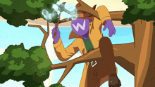 a cartoon character with a w on his head is sitting on a tree branch