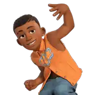 a cartoon character wearing an orange vest with a flower on the front