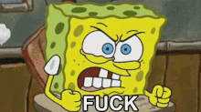 a cartoon of spongebob saying fuck with his fist