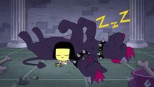 a cartoon of a girl sleeping next to a purple dog that says zzz on it