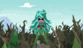 a cartoon drawing of a girl with blue hair