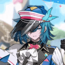 a blue haired anime character wearing a hat and a bow tie