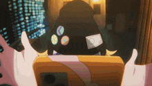 a person wearing a hat with a circle on it