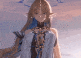 a girl with long hair and horns looks at the camera