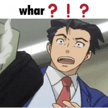 a man in a suit and tie is making a funny face with the words whar written above him
