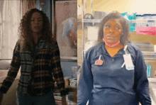 a woman wearing a plaid shirt and a nurse wearing a blue shirt with a name tag that says pca