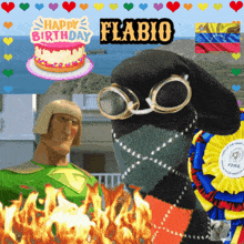a birthday card for flabio with a cake and a cartoon character
