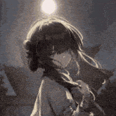 a pixel art of a girl with long hair standing in front of a building .