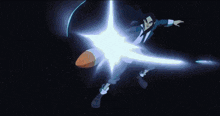 a cartoon character is flying through the air with a light coming out of it