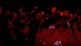 a man wearing a red volkswagen sweatshirt is dancing in front of a crowd