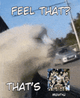 a cartoon of a dog with the words feel that that 's mightu