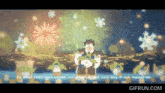 a gif from gifrun.com shows a man holding a snowman in front of a fireworks display