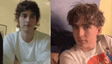 a young man with curly hair is wearing a white shirt