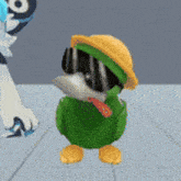 a green duck wearing a yellow hat and sunglasses is standing next to a white penguin .