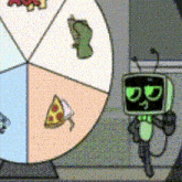a cartoon character is standing in front of a spinning wheel with various icons on it
