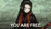 a cartoon character is holding a sword and the words `` you are free '' are behind him .