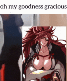 a picture of a woman with long red hair and a caption that says oh my goodness gracious