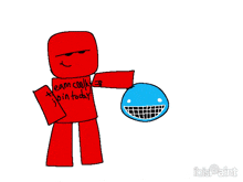 a drawing of a red cartoon character with a shirt that says " learn coding join today "