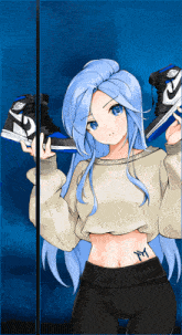 a girl with blue hair is holding two nike shoes