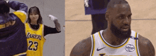 a girl wearing a lakers jersey and a basketball player