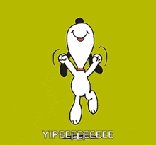 a cartoon of snoopy dancing on a green background with the words yipeeeeee written below him .