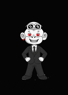 a cartoon of a man in a suit with red eyes