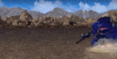 a blue robot is holding a gun in a desert landscape with mountains in the background
