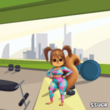a cartoon of a squirrel standing in a gym with a sign that says $sugr