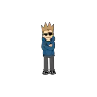 a cartoon character wearing sunglasses and a blue hoodie stands with his arms crossed