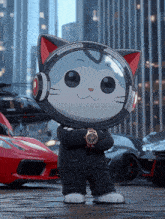 a cat wearing headphones and a watch is standing in front of a row of cars