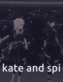 a couple of anime characters standing next to each other with the words " kate and spi " on the bottom