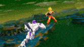a cartoon of a man fighting another man in a field .