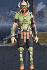 a man with a beard and horns is wearing a green armored suit