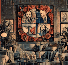 a painting of a man with a beard is hanging on a wall in a living room