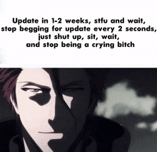 a picture of a man with the words update in 1-2 weeks
