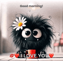 a cartoon character with a flower in its hair and a cup of coffee says good morning