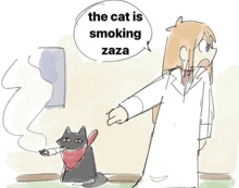 a cartoon of a cat smoking a cigarette next to a woman in a lab coat .