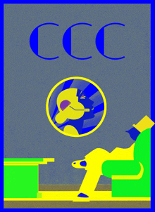 a cartoon drawing of a man sitting in a chair with the letters ccc above him