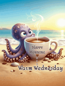 an octopus sits next to a cup of coffee with the words happy morning warm wednesday on the bottom