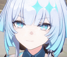 a close up of a girl 's face with blue eyes and white hair