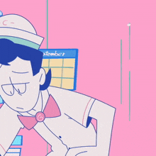 a cartoon character stands in front of a september calendar